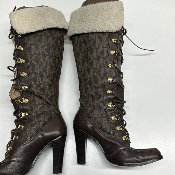 Michael Kors Warrior Lace Up High Heels Leather Tall Boots Sherpa Brown Size 6.5 - Picture 4 of 12